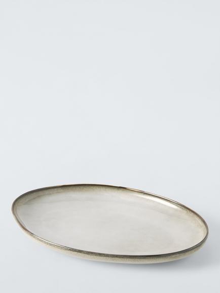 John Lewis Iver Reactive Glaze Oval Stoneware Platter, 33cm, Moonlight, Natural
