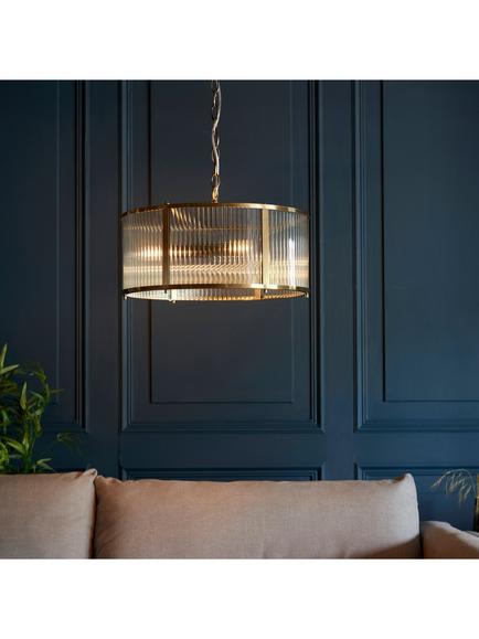 Bay Lighting Rika 3 Bulb Ribbed Glass Pendant Ceiling Light, Metallic Brass - view 2, Metallic Brass