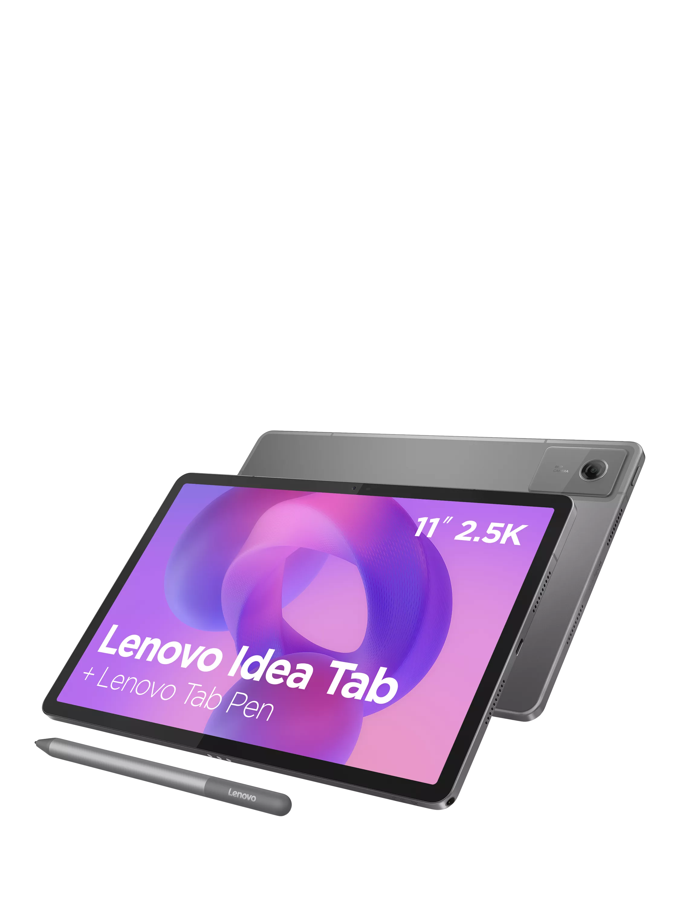 Lenovo Idea Tab 11-inch 2.5K Android tablet shown front and back with Lenovo Tab Pen stylus accessory