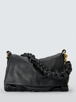 John Lewis Ruched Flapover Leather Crossbody Bag, Black