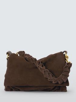 John Lewis Ruched Flapover Suede Crossbody Bag, Chocolate, Chocolate