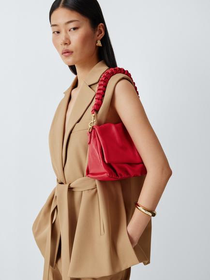 John Lewis Ruched Flapover Leather Crossbody Bag - view 2, Red