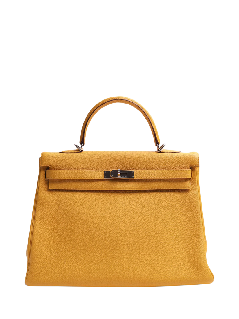 Product image 1 of 6, which shows Pre-loved Hermès Clemence Kelly 35 Top Handle Bag, Yellow