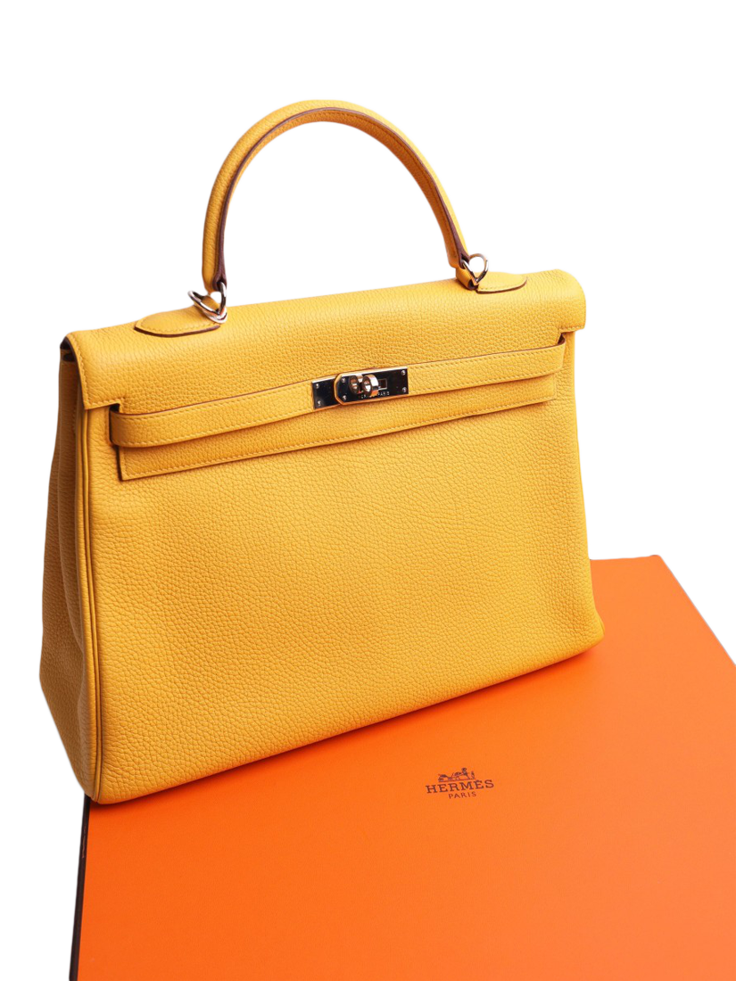 Product image 4 of 6, which shows Pre-loved Hermès Clemence Kelly 35 Top Handle Bag, Yellow