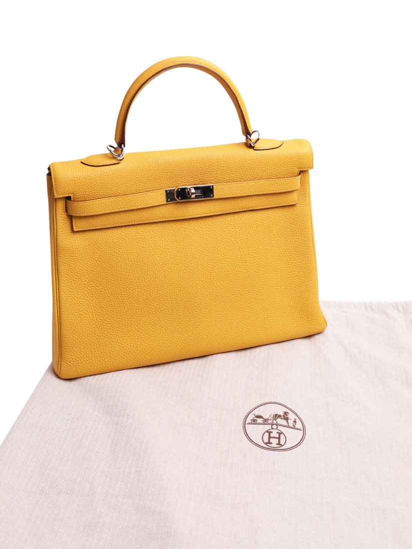 Product image 6 of 6, which shows Pre-loved Hermès Clemence Kelly 35 Top Handle Bag, Yellow