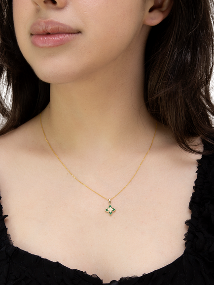IBB Malachite Flower Pendant Necklace, Yellow Gold/Multi - view 2, Yellow Gold/ Multi