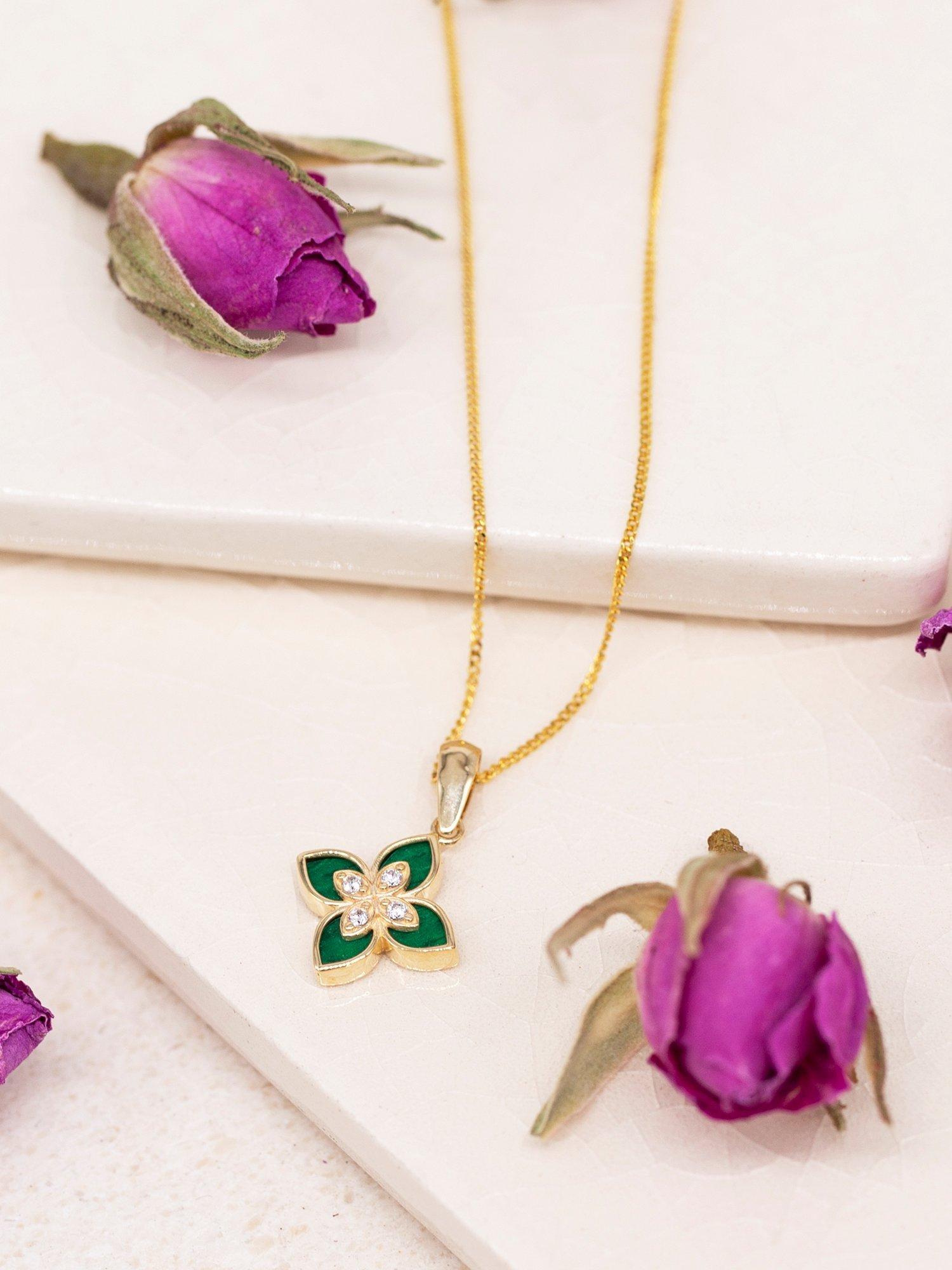 Product image 3 of 4, which shows IBB Malachite Flower Pendant Necklace, Yellow Gold/Multi