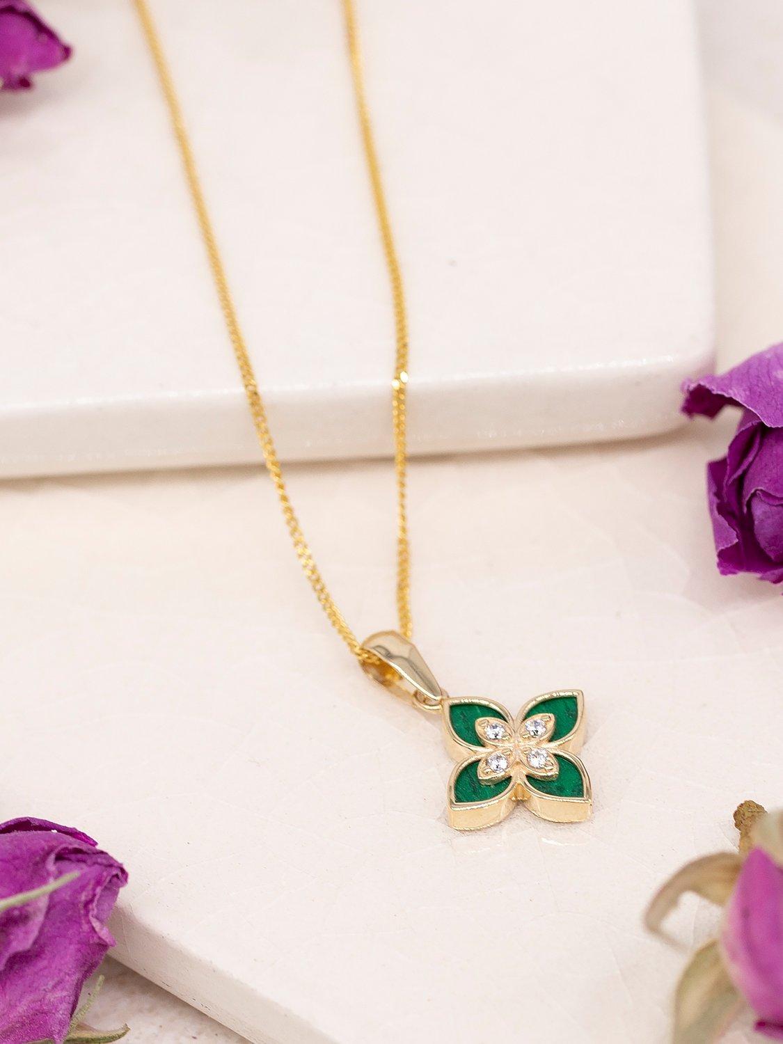 Product image 4 of 4, which shows IBB Malachite Flower Pendant Necklace, Yellow Gold/Multi