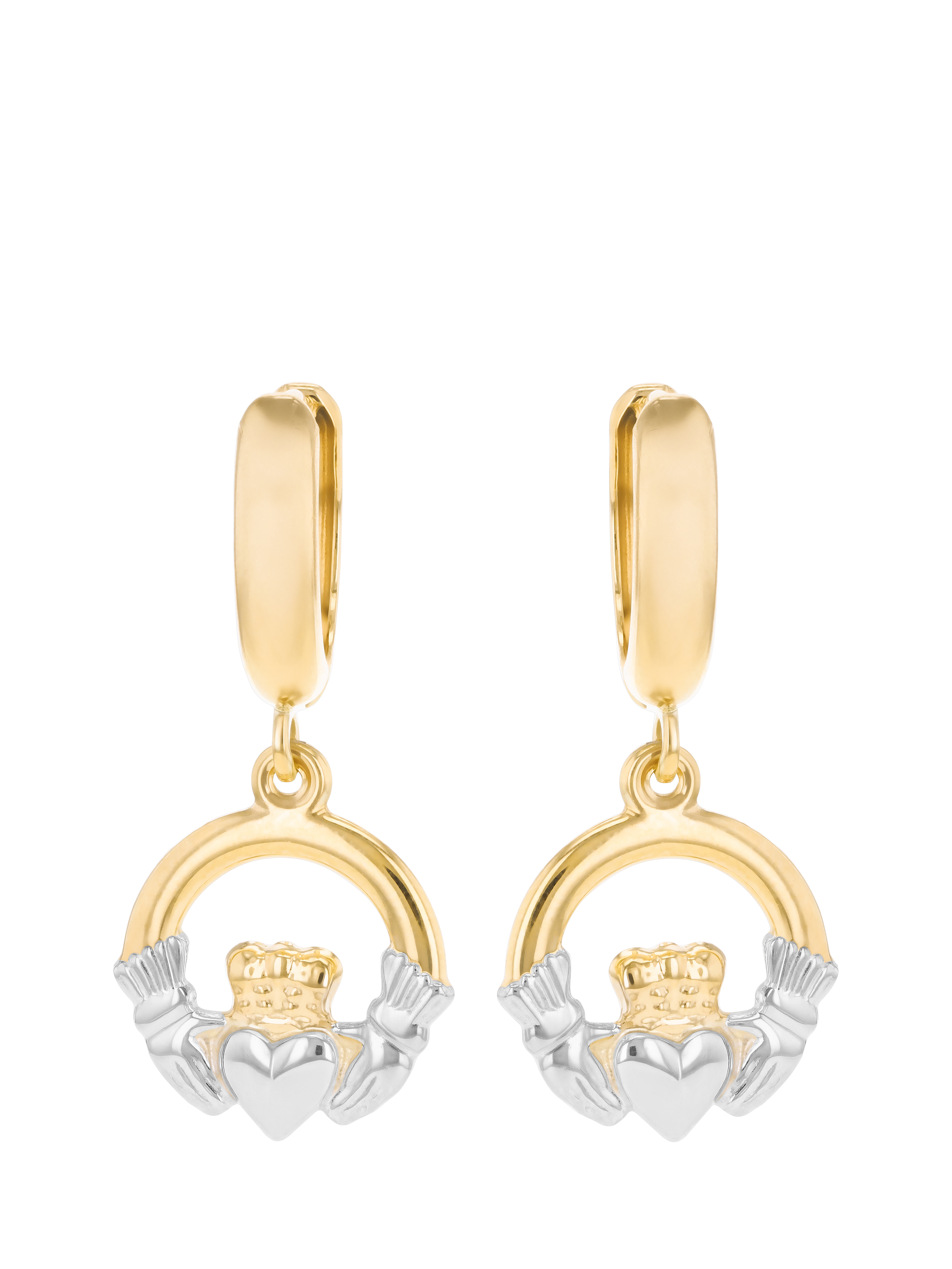 Product image 1 of 3, which shows IBB 9ct Hoop Claddagh Drop Earrings, Yellow Gold/ Multi
