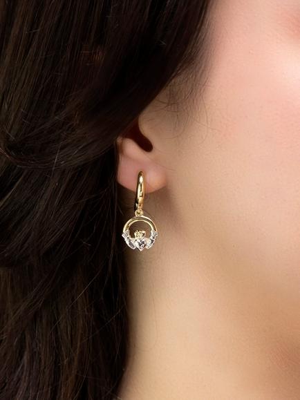 IBB 9ct Hoop Claddagh Drop Earrings, Yellow Gold/ Multi - view 2, Yellow Gold/ Multi