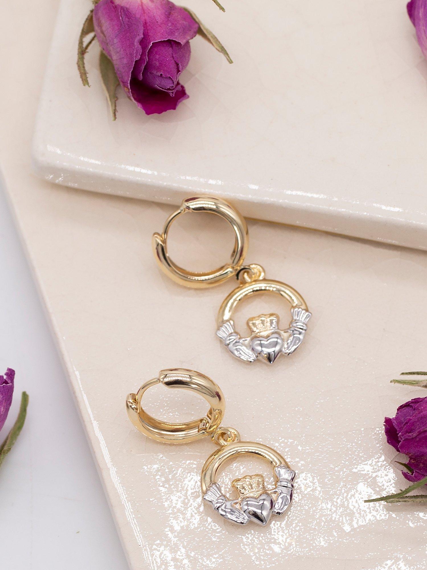 Product image 3 of 3, which shows IBB 9ct Hoop Claddagh Drop Earrings, Yellow Gold/ Multi