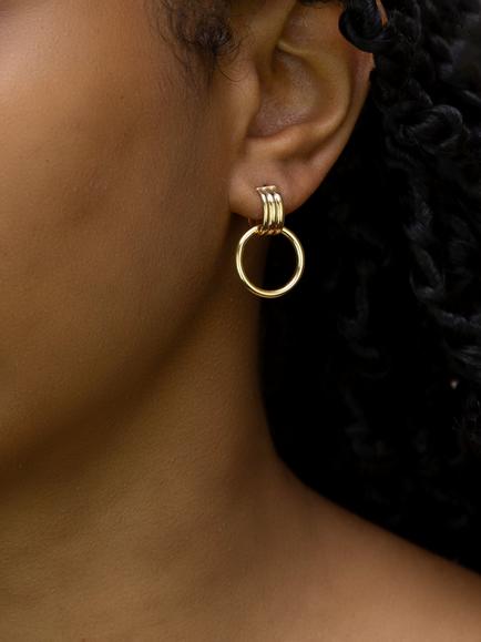IBB 9ct Yellow Gold Triple Tube Circle Drop Stud Earrings - view 2, Yellow Gold