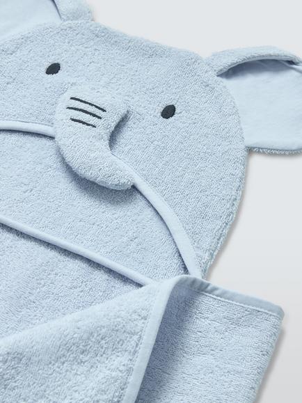 John Lewis Eden Safari Bold Elephant Baby Hooded Towel, Blue - view 2, Blue
