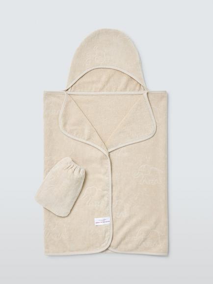 John Lewis Eden Safari Soft Elephant Burnout Baby Hooded Towel & Wash Mitt Set, Brown, Brown