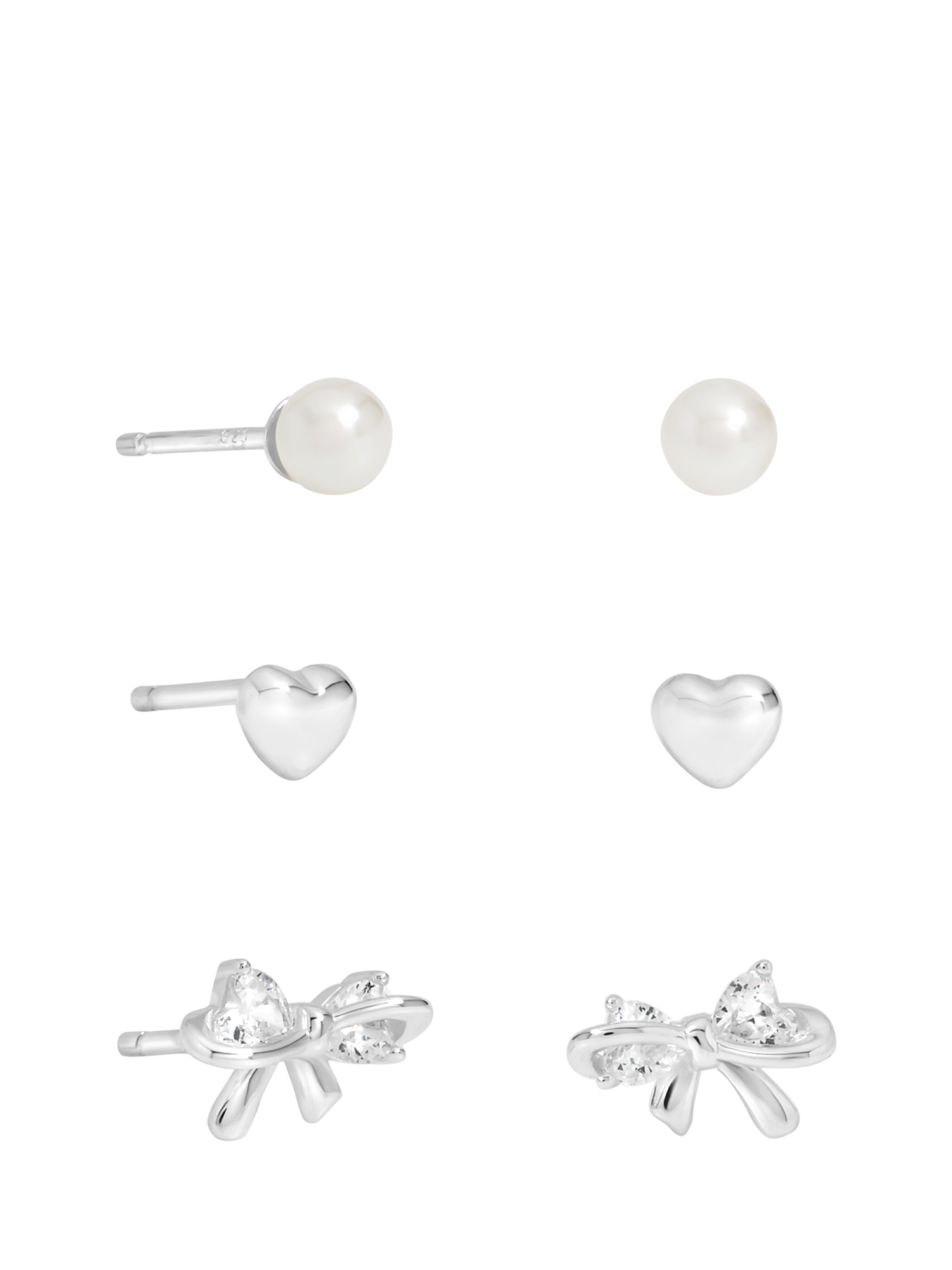 Product image 1 of 2, which shows Simply Pearl/Heart/Bow Stud Earrings, Silver