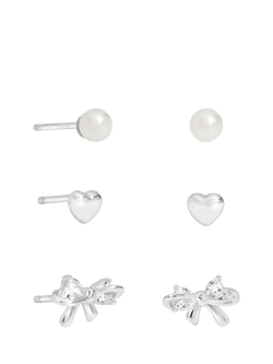 Simply Pearl/Heart/Bow Stud Earrings, Silver, Silver