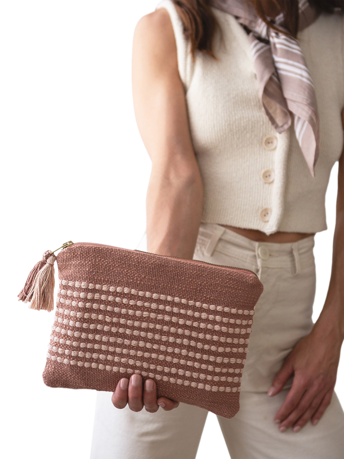 Product image 3 of 5, which shows The Small Home Stripe Pouch Bag, Multi Natural