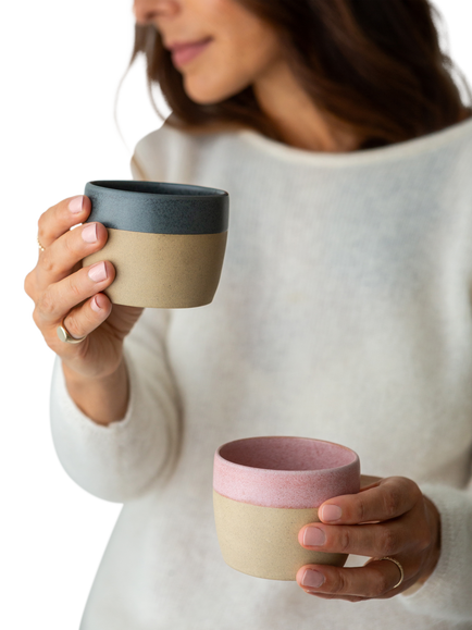 The Small Home Colour Block Stoneware Coffee Cups, Set of 2, Rose/Carbon - view 2, Rose/Carbon