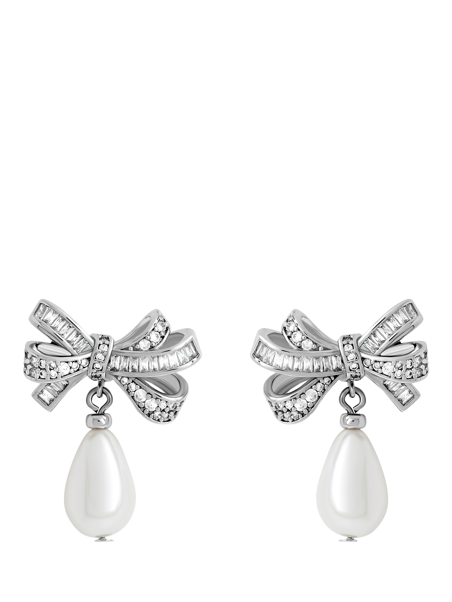 Product image 1 of 6, which shows Jon Richard Cubic Zirconia Bow and Pearl Earrings, Silver