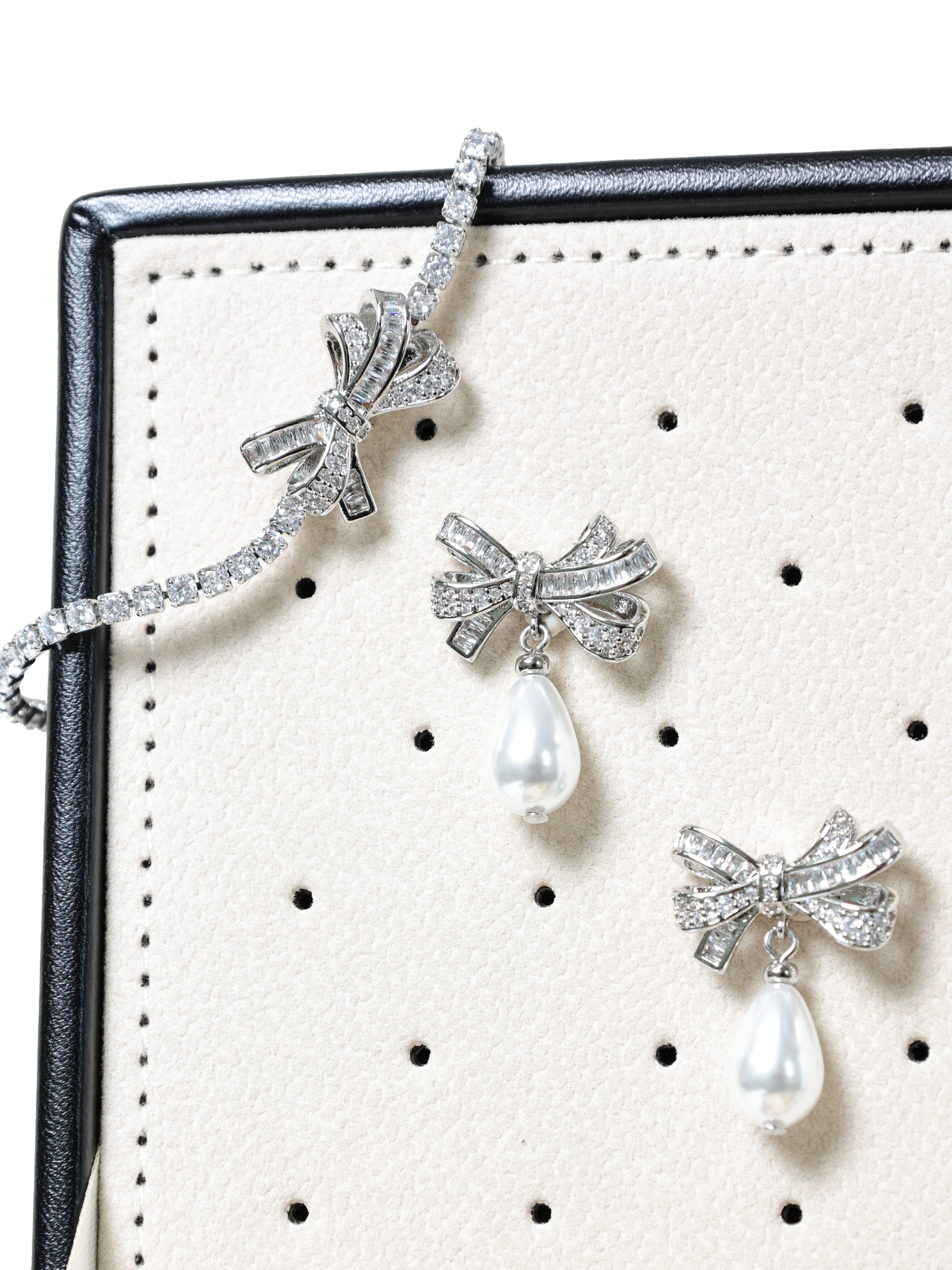 Product image 3 of 6, which shows Jon Richard Cubic Zirconia Bow and Pearl Earrings, Silver