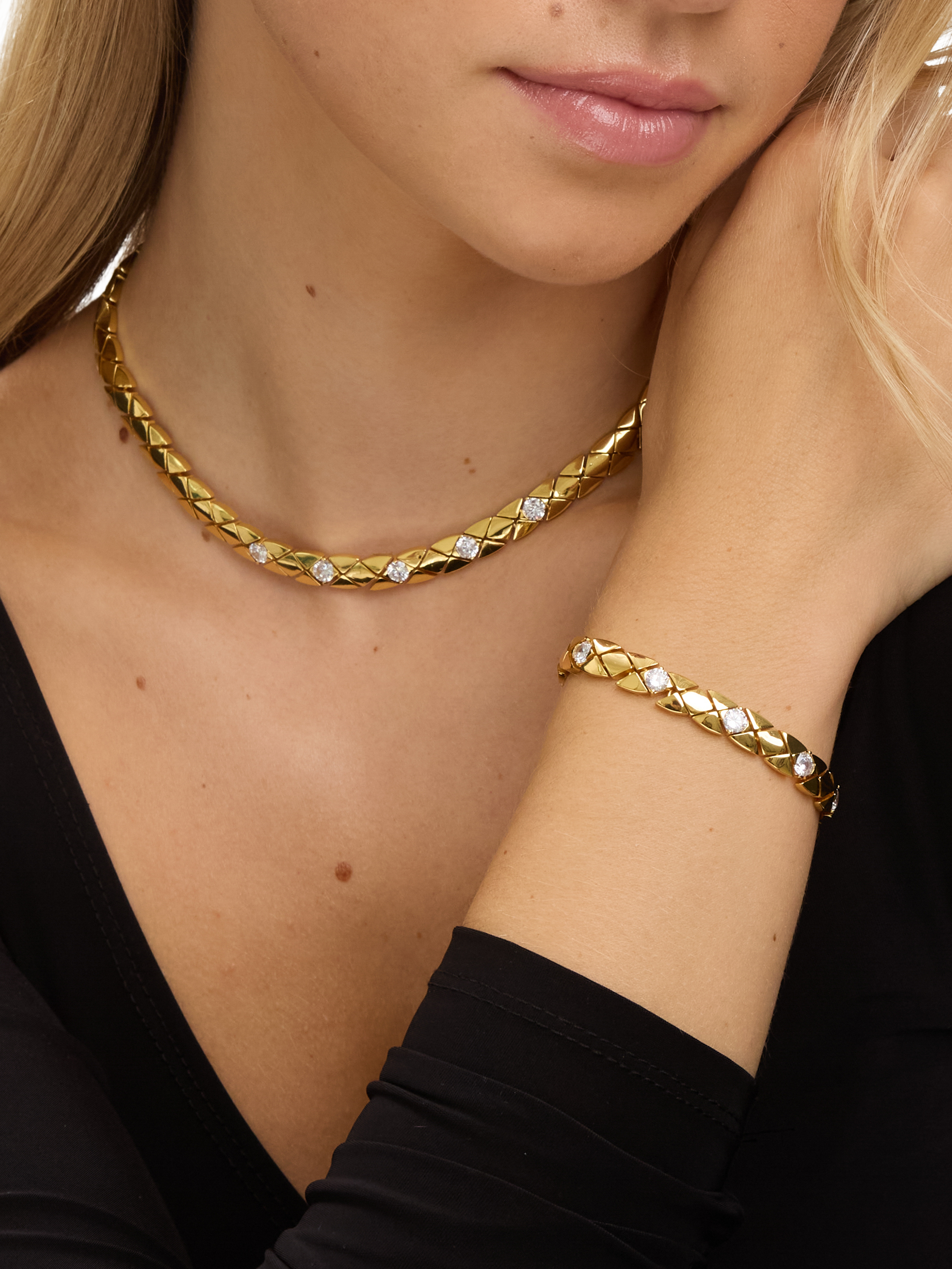 Product image 2 of 5, which shows Jon Richard Crystal Flat Chain Necklace, Gold