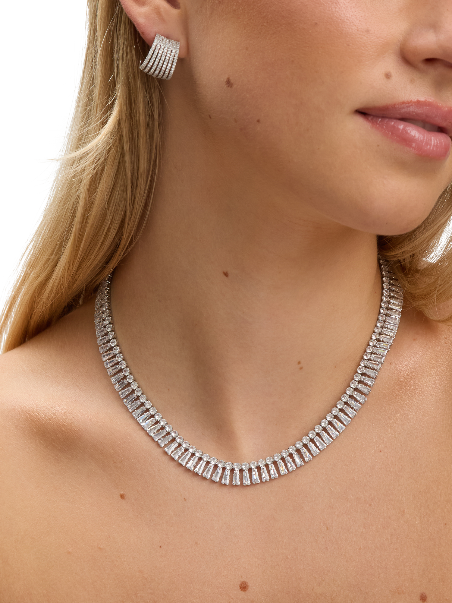 Product image 4 of 4, which shows Jon Richard Crystal Double Row Baguette Necklace, Silver