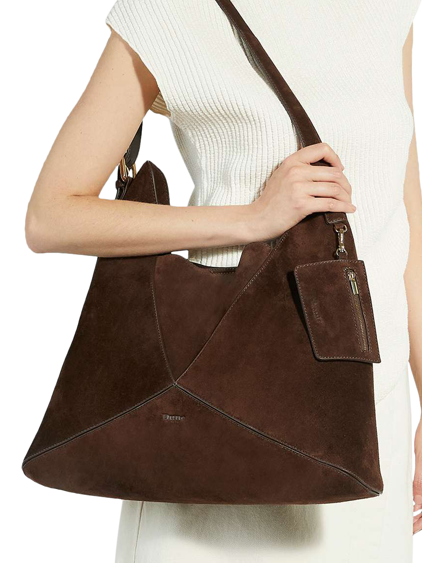 Product image 2 of 5, which shows Dune London Dearest Suede Tote Bag, Dark Brown