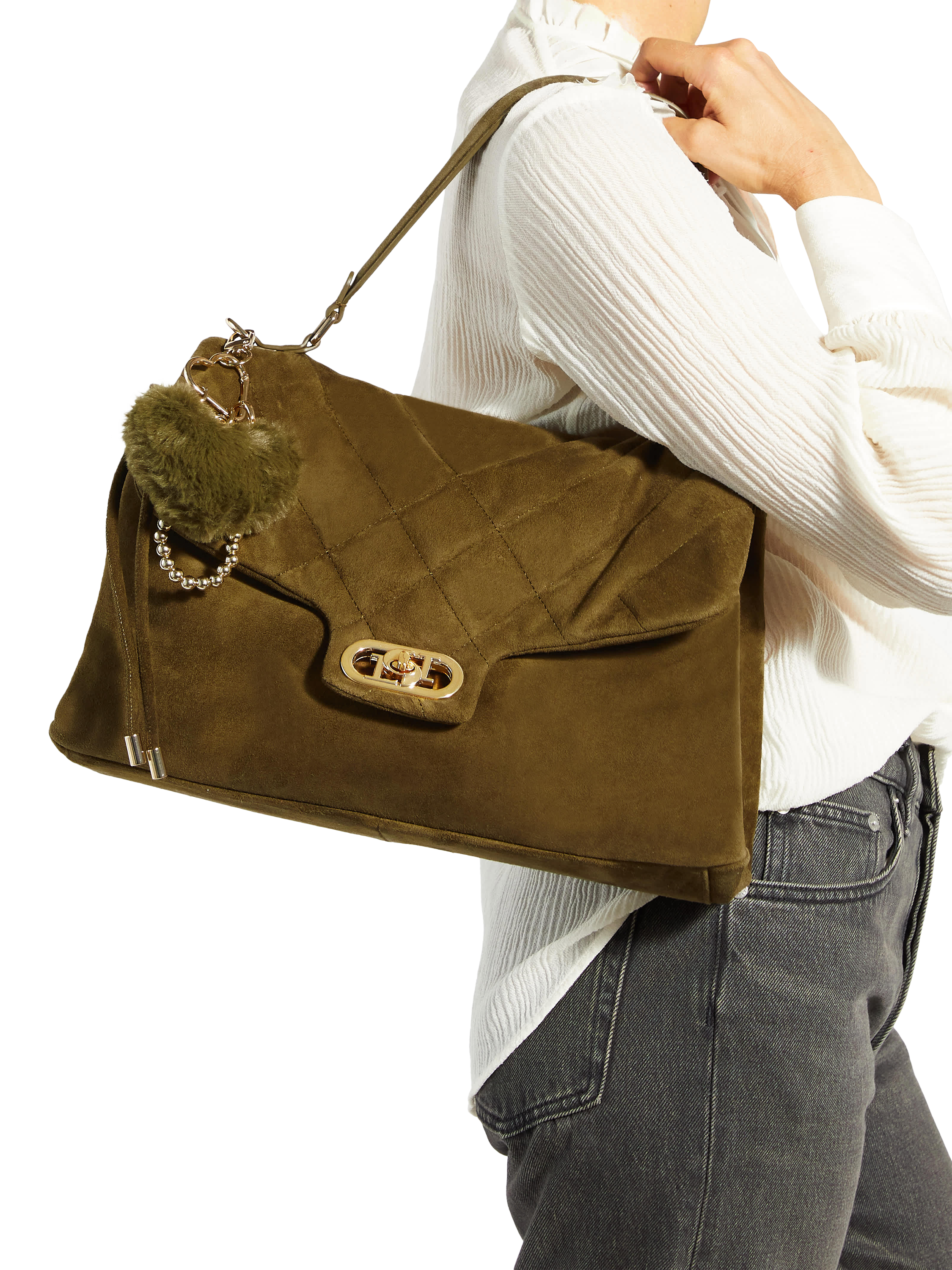 Product image 2 of 5, which shows Dune London Regency Suede Handbag, Khaki