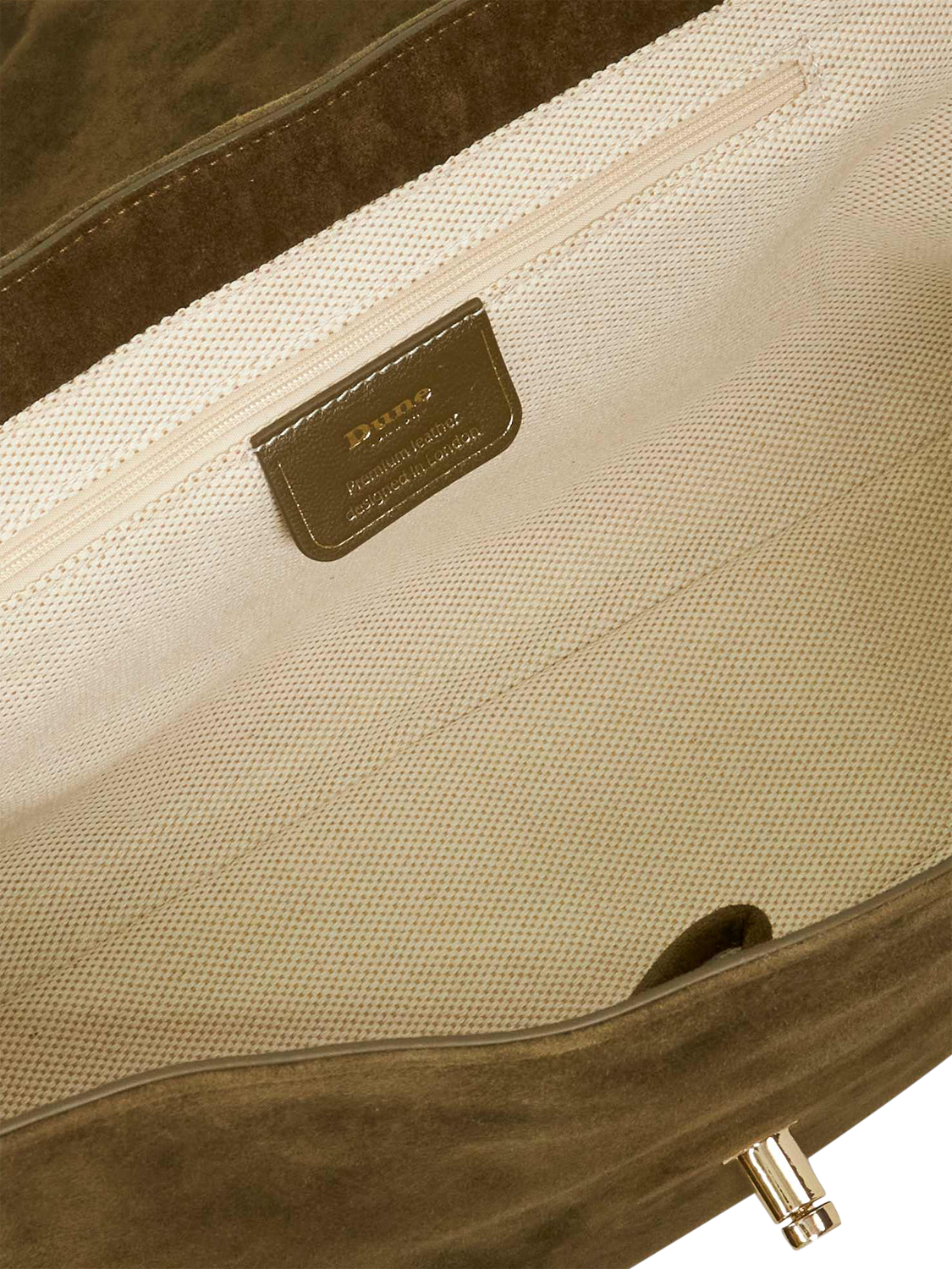 Product image 4 of 5, which shows Dune London Regency Suede Handbag, Khaki
