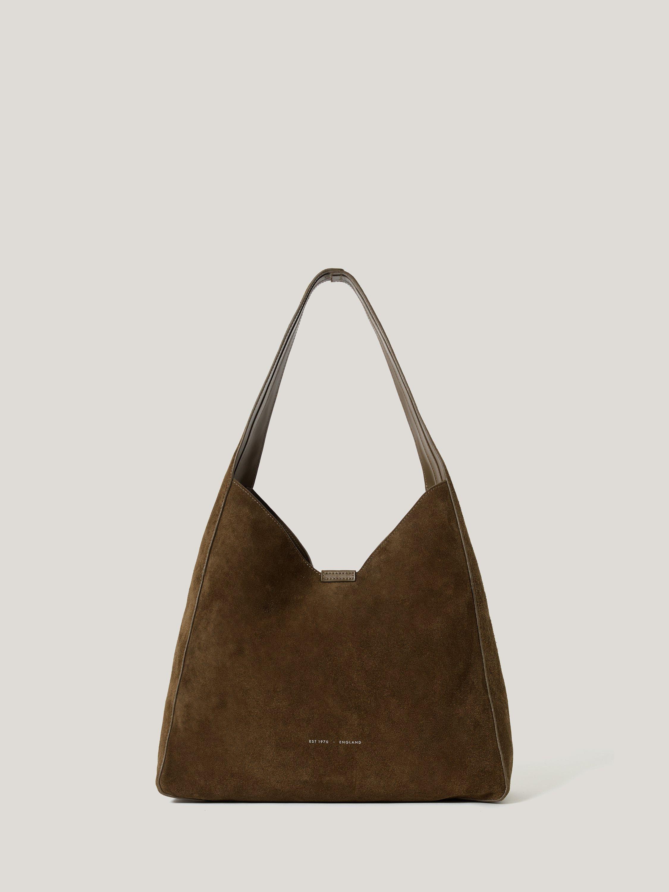 Product image 1 of 6, which shows Jigsaw Heckfield Suede Tote Bag, Green Khaki, One Size