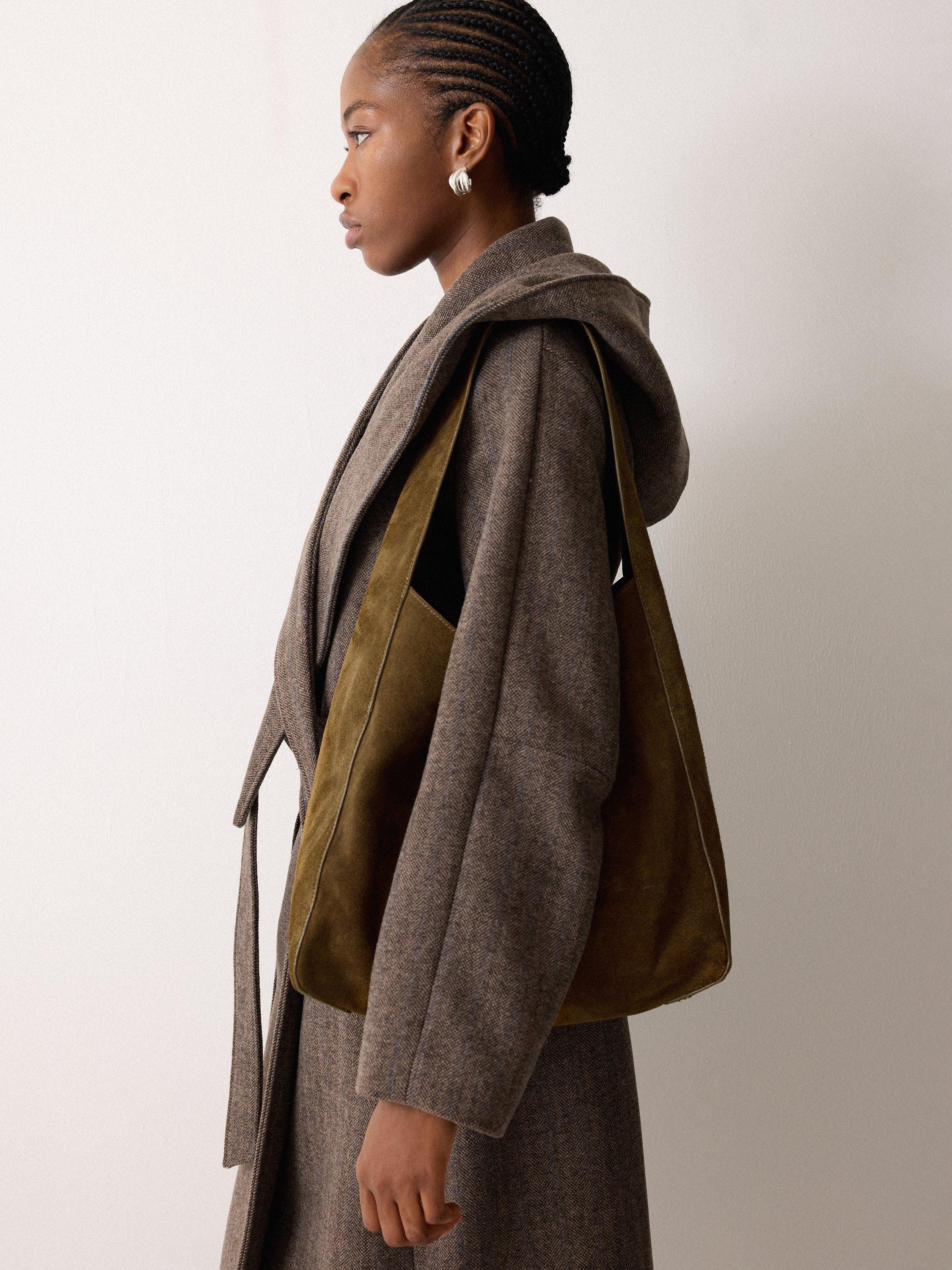 Product image 2 of 6, which shows Jigsaw Heckfield Suede Tote Bag, Green Khaki, One Size