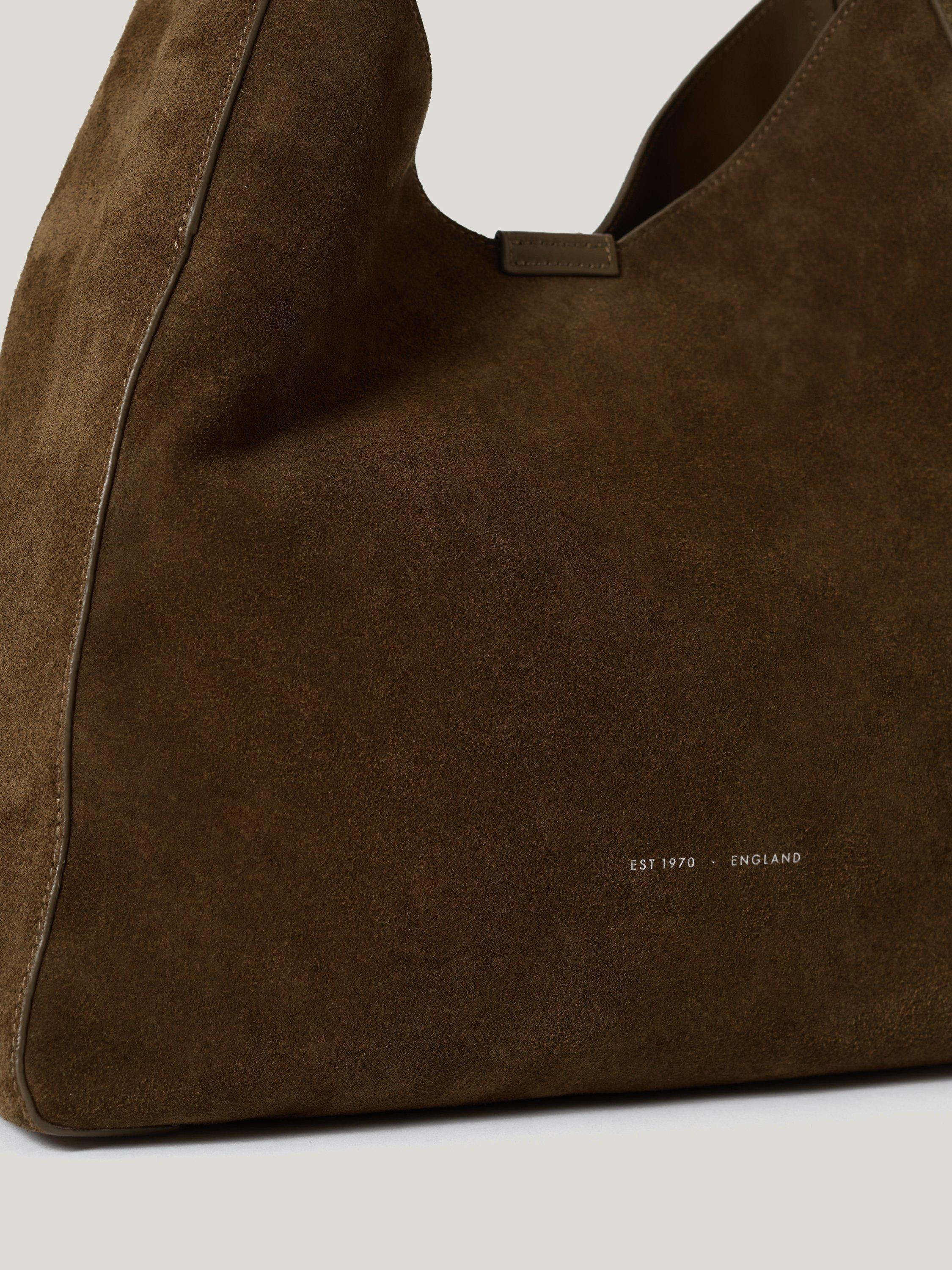 Product image 4 of 6, which shows Jigsaw Heckfield Suede Tote Bag, Green Khaki, One Size