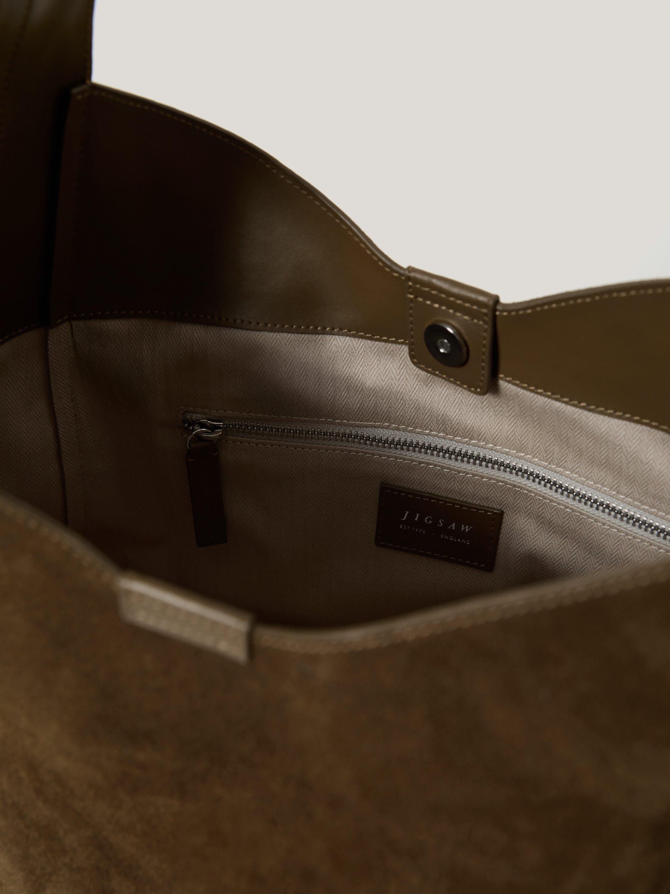 Product image 5 of 6, which shows Jigsaw Heckfield Suede Tote Bag, Green Khaki, One Size