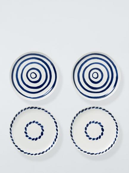 John Lewis Coastal Fine China Tapas Plates, Set of 4, 15cm, White/Navy, White