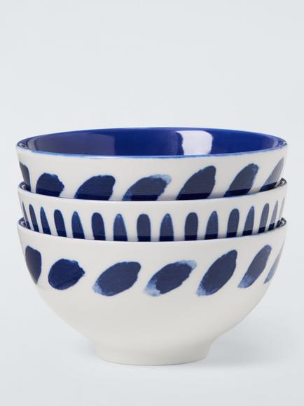 John Lewis Coastal Fine China Dip Bowls, Set of 3, 11cm, White/Navy, White