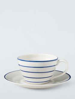 John Lewis Harbour Blue Stripe Stoneware Teacup & Saucer, 250ml, White/Blue, Multi