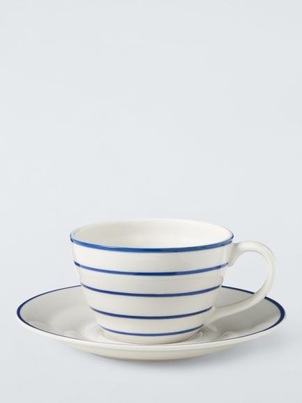 John Lewis Harbour Blue Stripe Stoneware Teacup & Saucer, 250ml, White/Blue, Multi