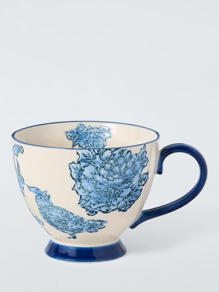 John Lewis Hand Painted Floral Stoneware Teacup, 380ml, Blue/Multi, White
