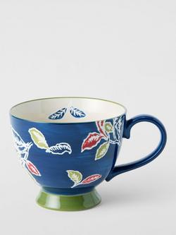 John Lewis Hand Painted Leaf Stoneware Teacup, 380ml, Blue/Multi, White