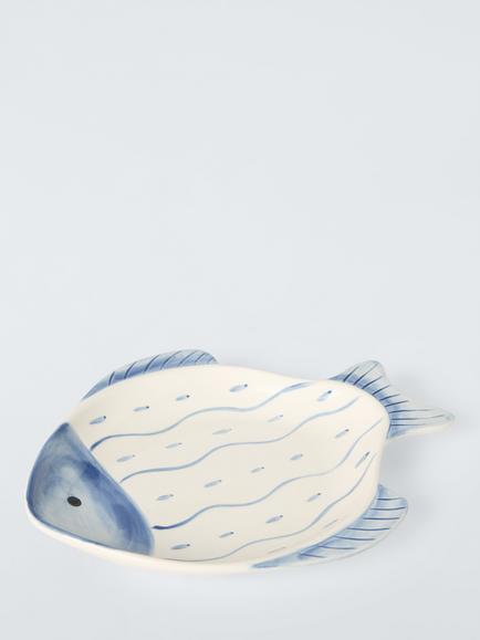 John Lewis Hand Painted Fish Wide Stoneware Serving Dish, 25cm, White, White