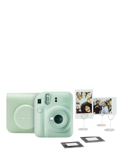 Fujifilm instax™ Mini 12 Instant Camera with Built-In Flash & Hand Strap, Green, Exclusive Bundle with Case, 5 Heart Photo Clips, Stickers & instax™ Mini Film, 10 Shots, Green