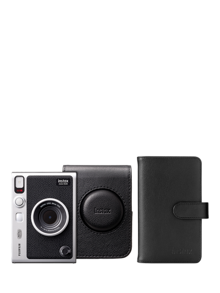 Fujifilm instax™ Mini Evo Instant Camera with Built-In Flash, Black, Exclusive Bundle with Case, Photo Album, Stickers & instax™ Mini Film, 10 Shots, Black