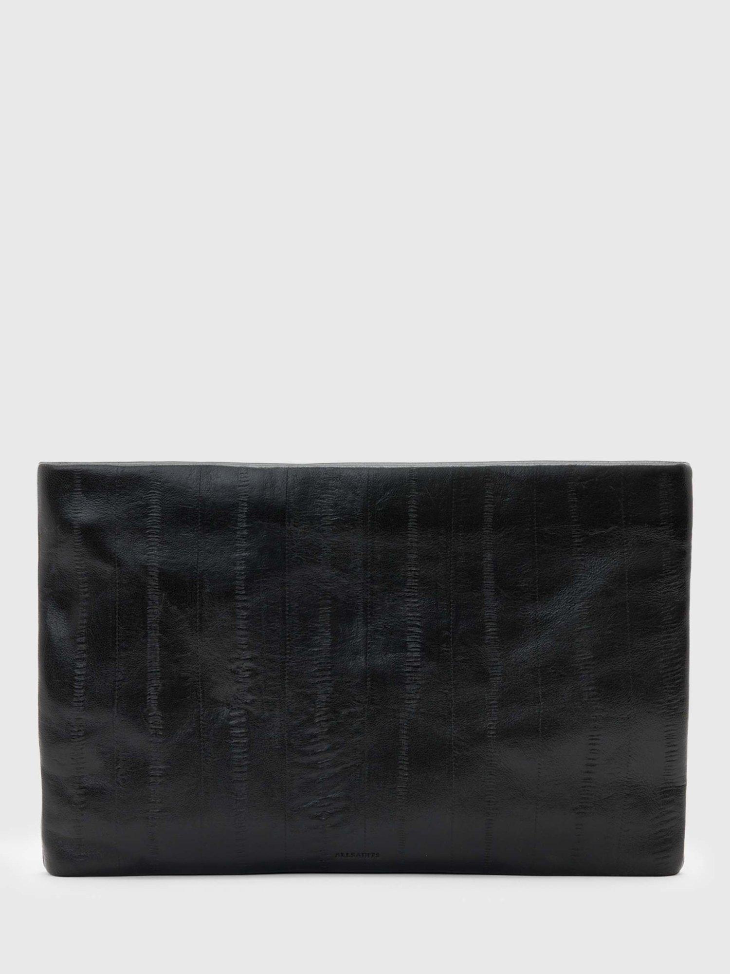Product image 1 of 6, which shows AllSaints Bettina Eel Print Embossed Leather Clutch Bag, Black