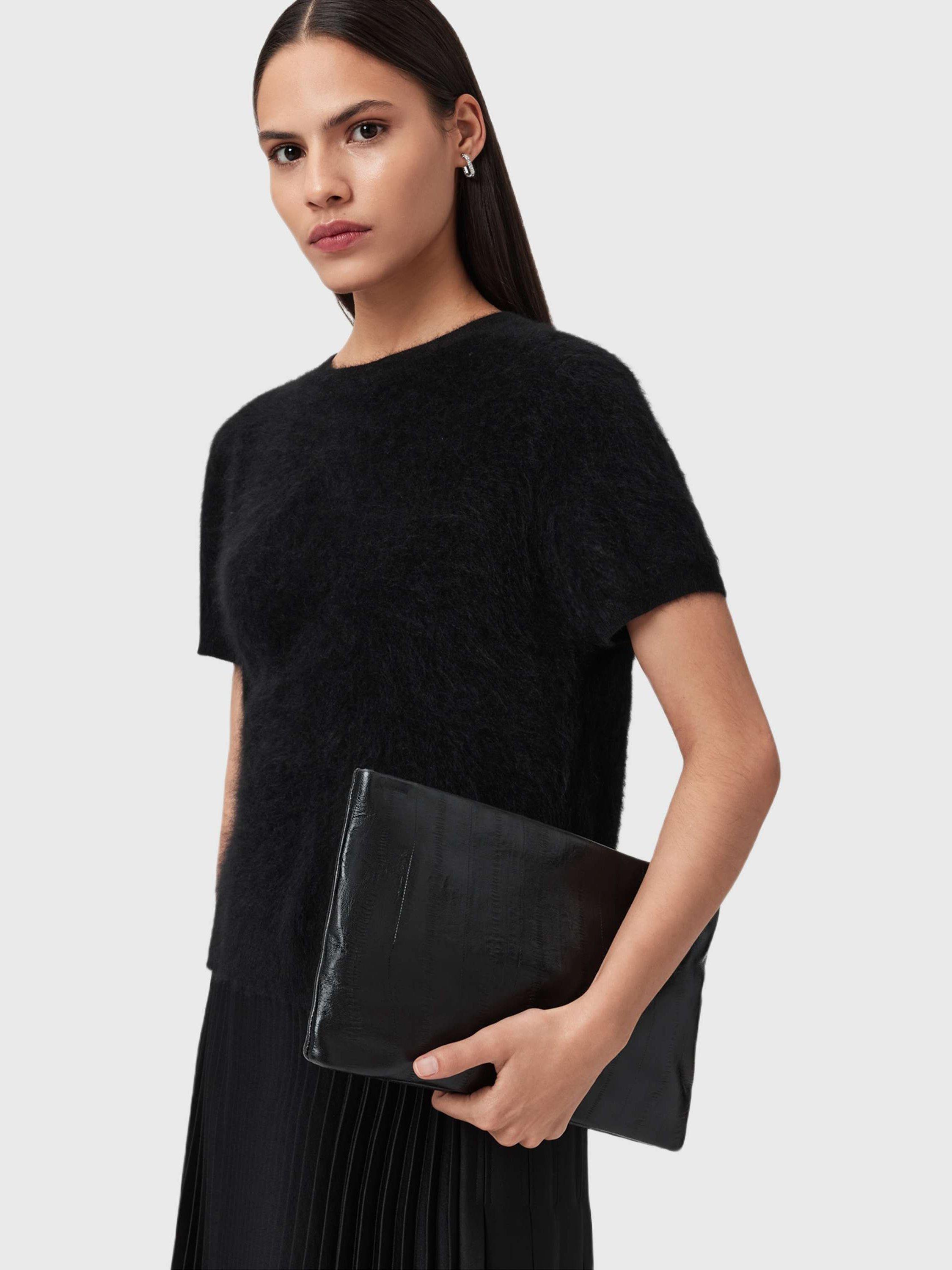 Product image 2 of 6, which shows AllSaints Bettina Eel Print Embossed Leather Clutch Bag, Black