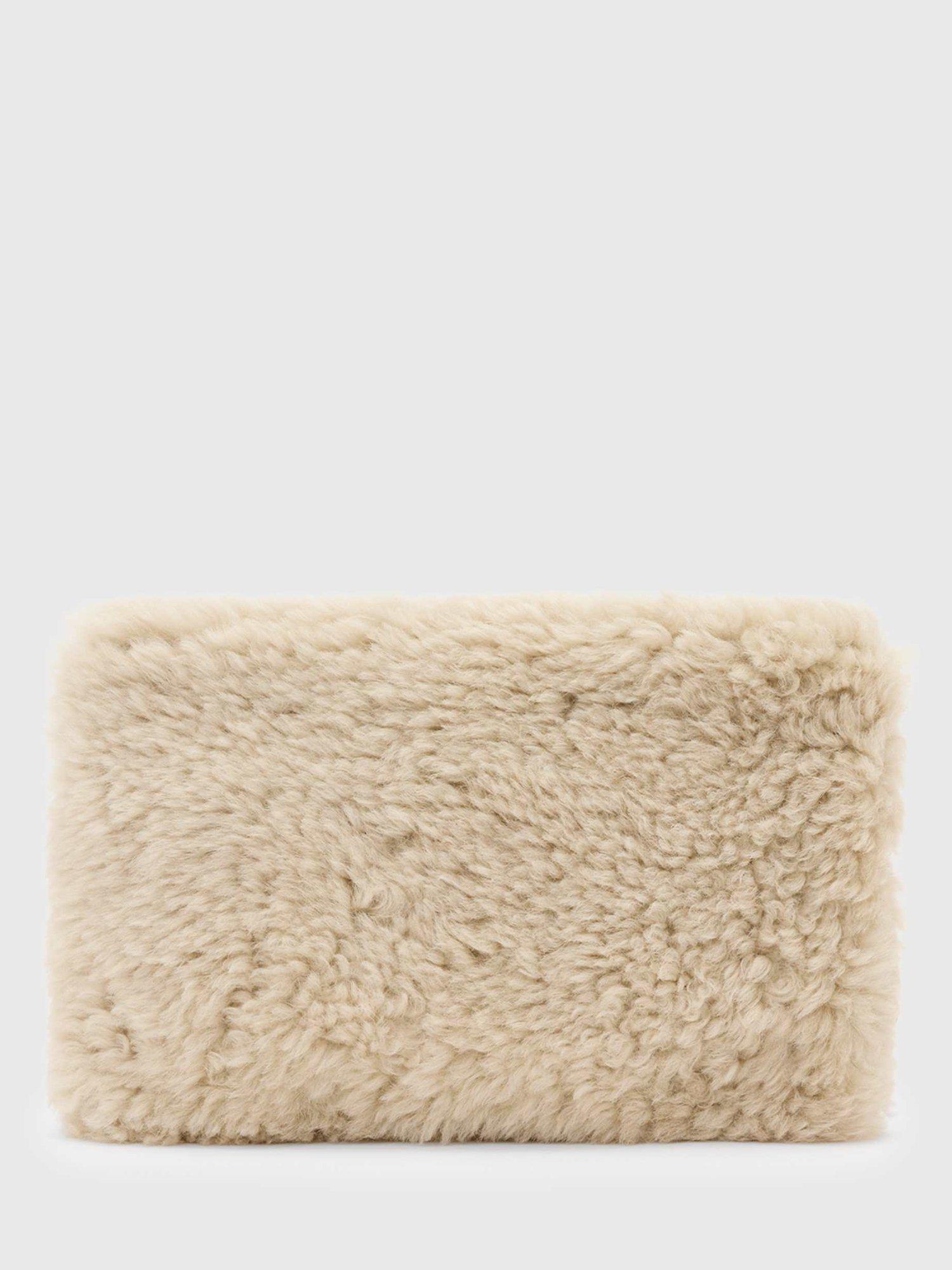 Product image 1 of 6, which shows AllSaints Bettina Shearling Clutch Bag, Natural