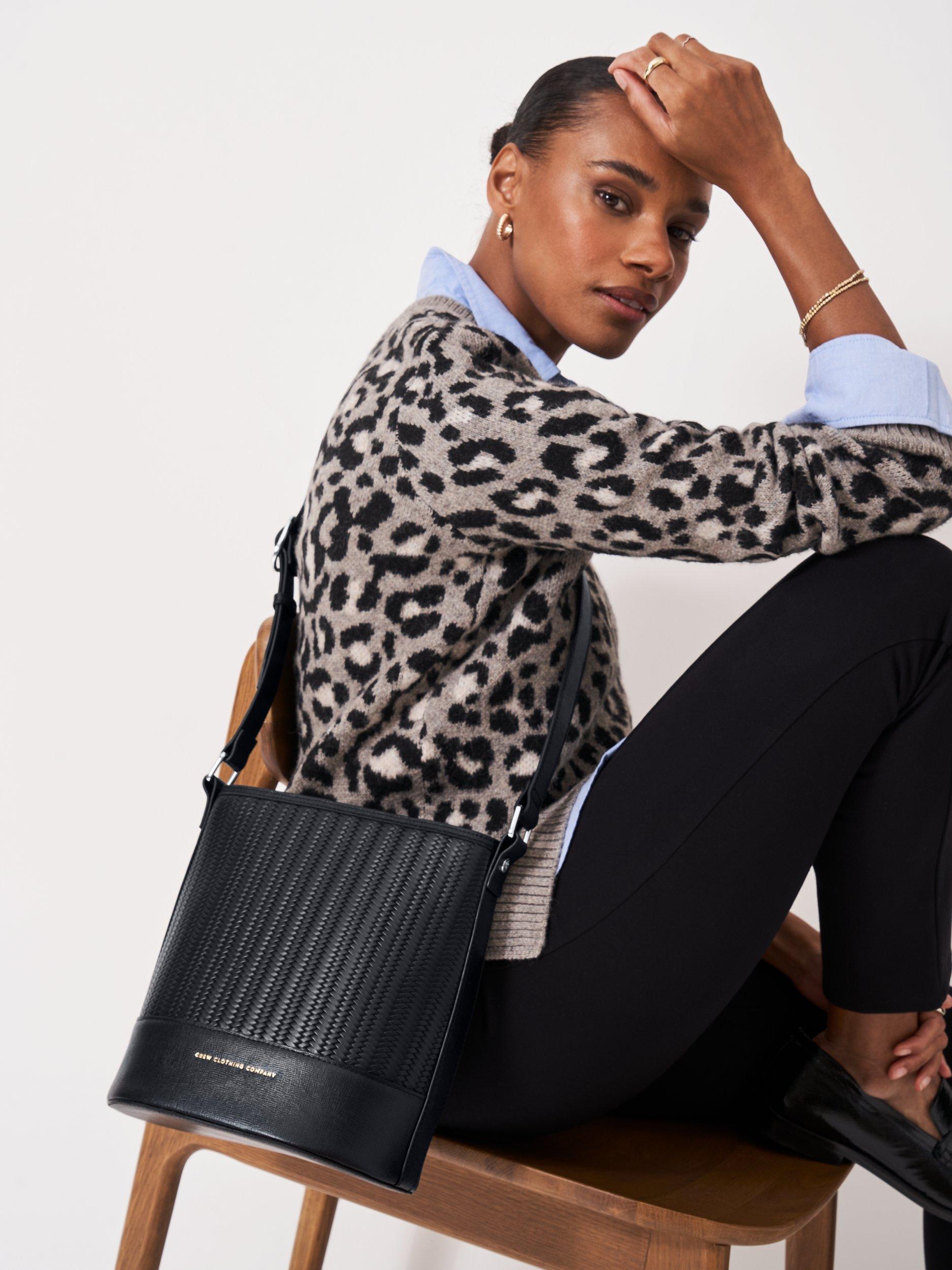 Product image 2 of 3, which shows Crew Clothing Woven Leather Bucket Bag, Black