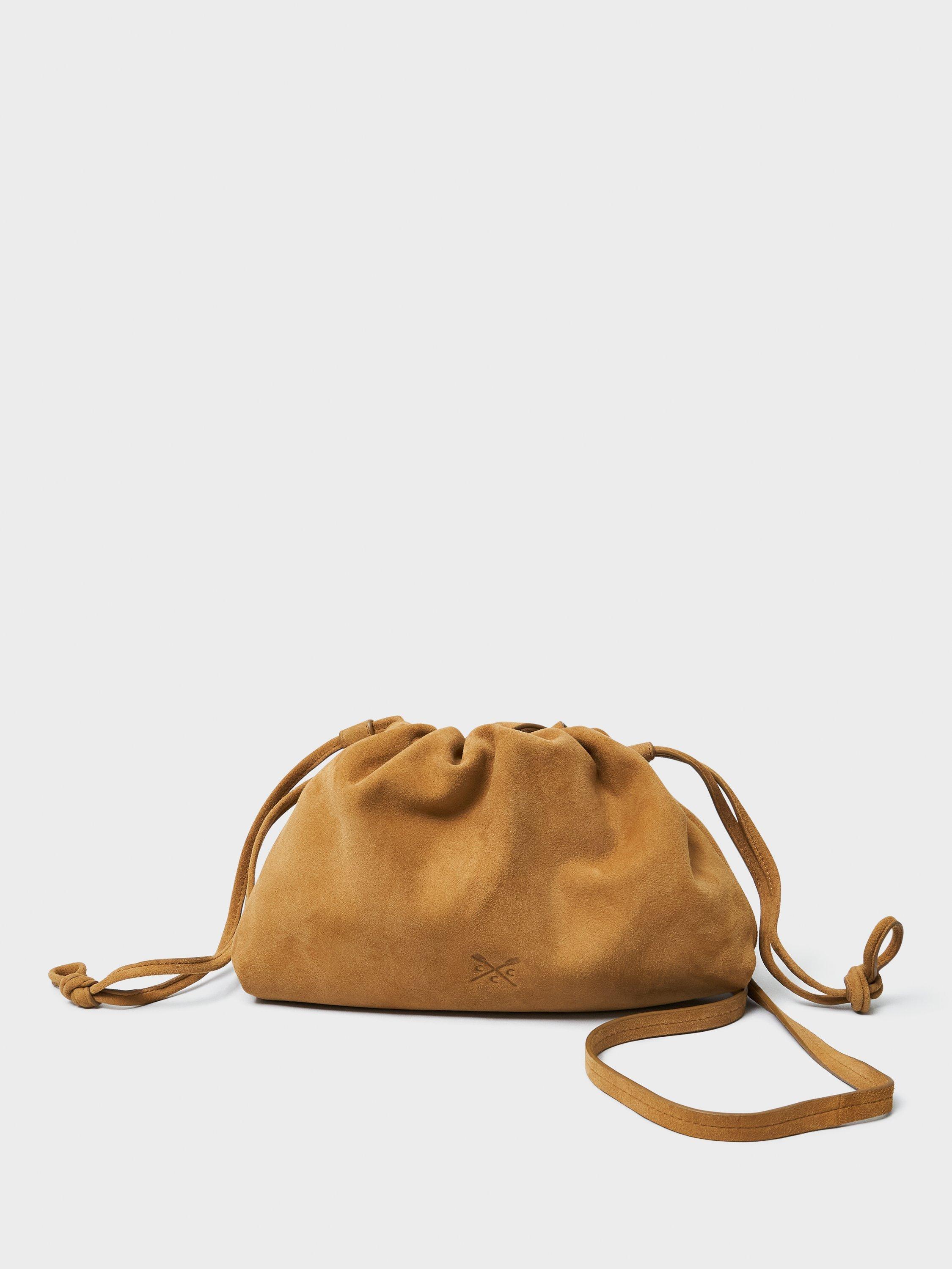 Product image 1 of 3, which shows Crew Clothing Drawstring Pure Suede Crossbody Bag, Camel Brown