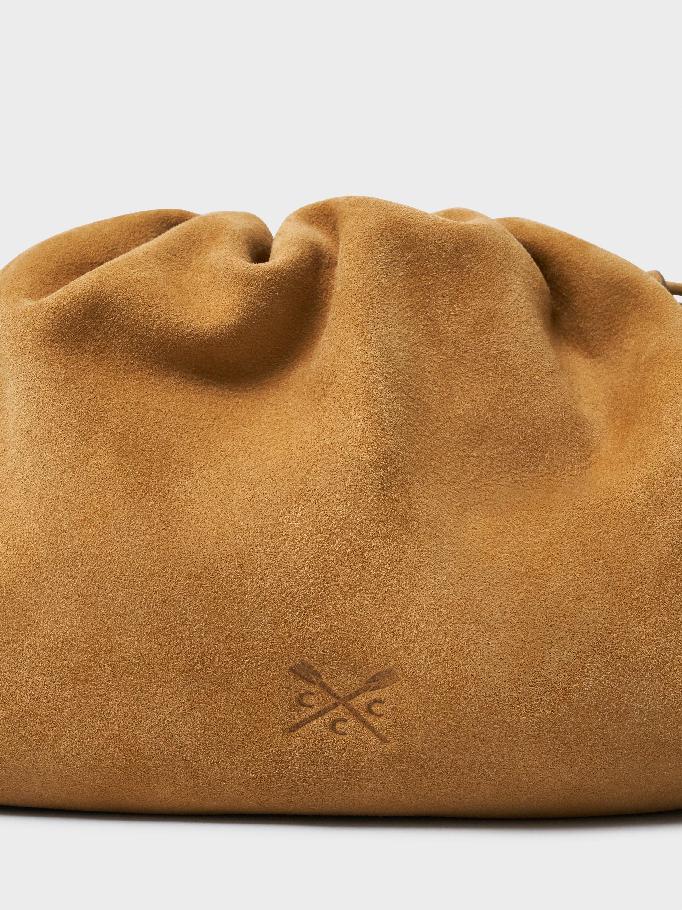 Product image 3 of 3, which shows Crew Clothing Drawstring Pure Suede Crossbody Bag, Camel Brown