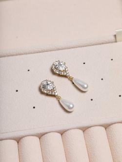 Jon Richard Crystal and Pearl Drop Earrings, Gold - view 2, Gold