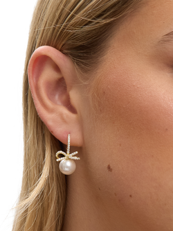 Jon Richard Crystal Bow and Pearl Hoop Earrings, Gold - view 2, Gold